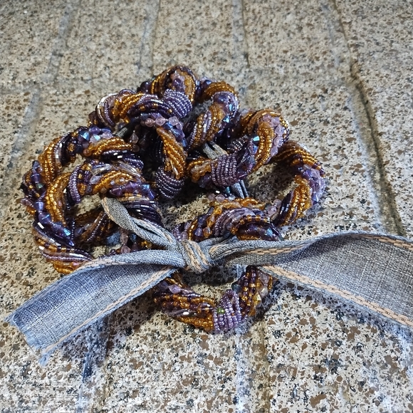 Napkin Ring Holders Beaded Purple Gold Boho Elegant - Picture 1 of 9